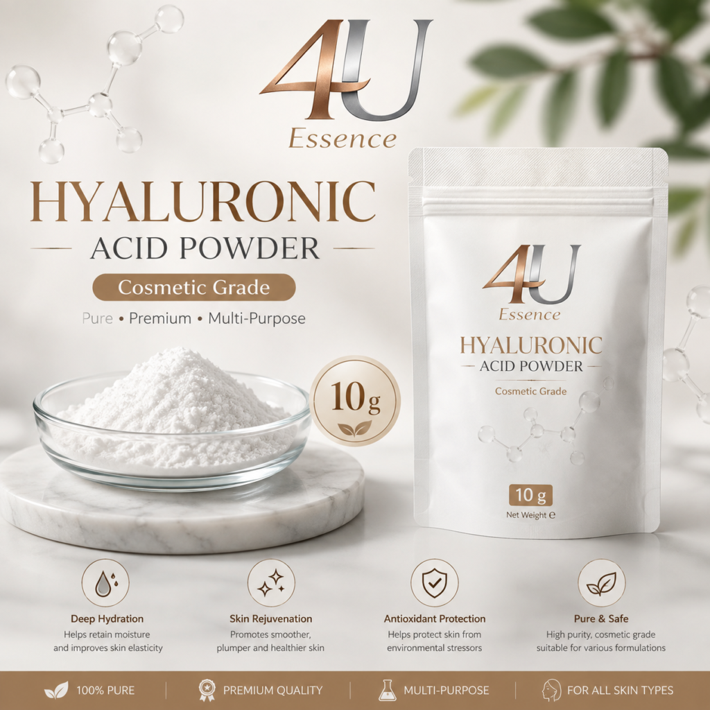 4U Essence Hyaluronic Acid Powder 10g – Pure Cosmetic Grade Skincare | مسحوق حمض الهيالورونيك لترطيب البشرة - 10 جرام